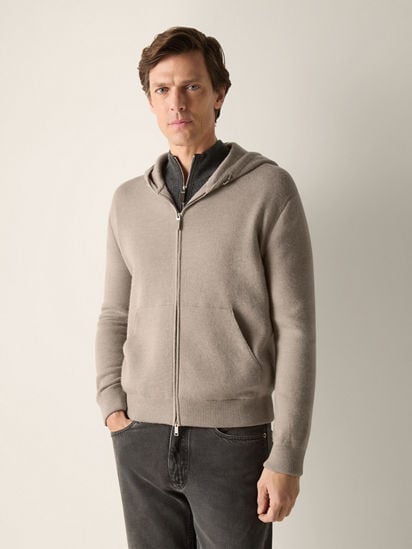 Light Taupe Mélange Cashmere and Cotton Full Zip Hoodie FW26