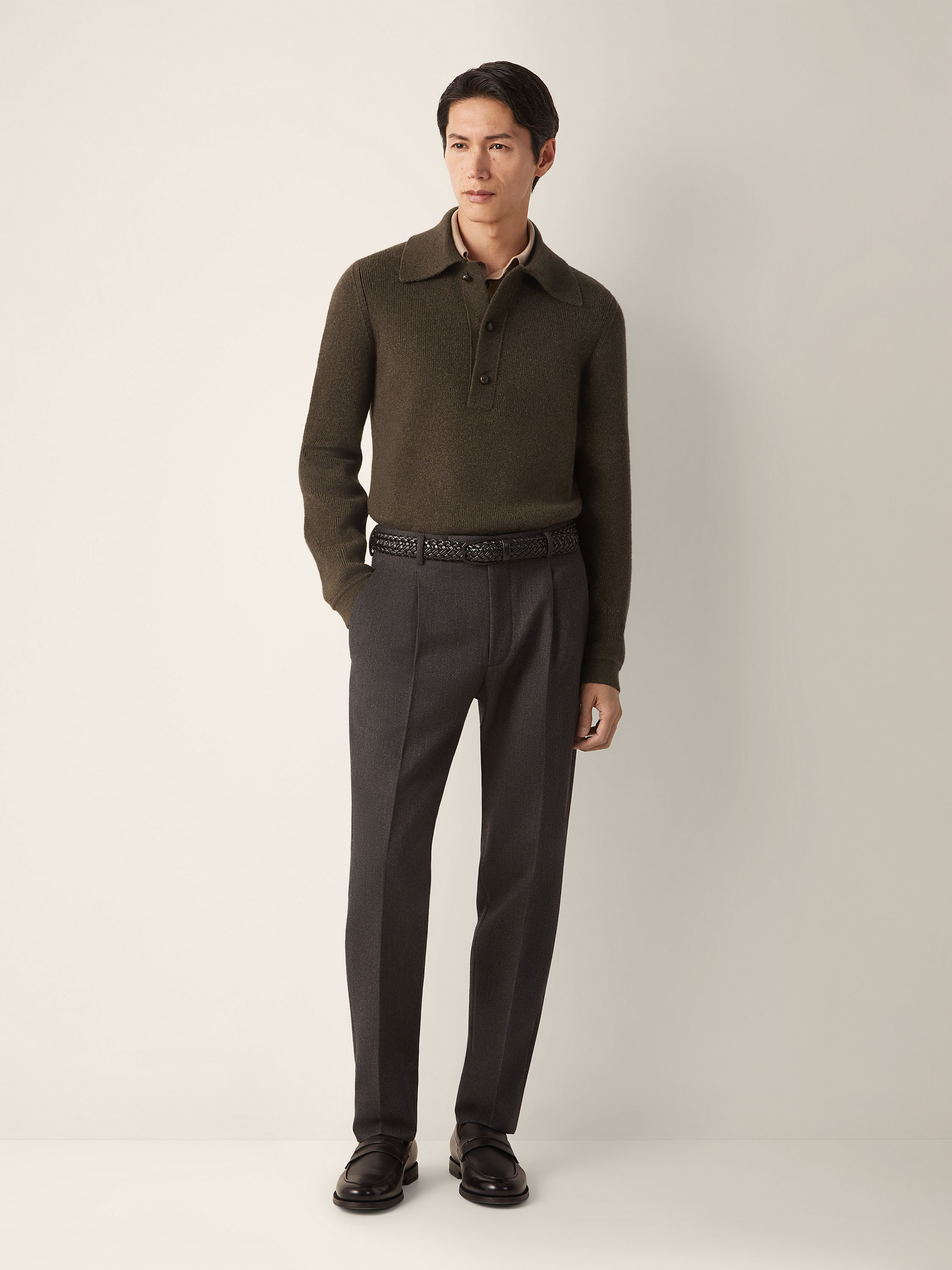 Dark Olive Green Mélange Oasi Cashmere Polo Shirt Product detail photo #2