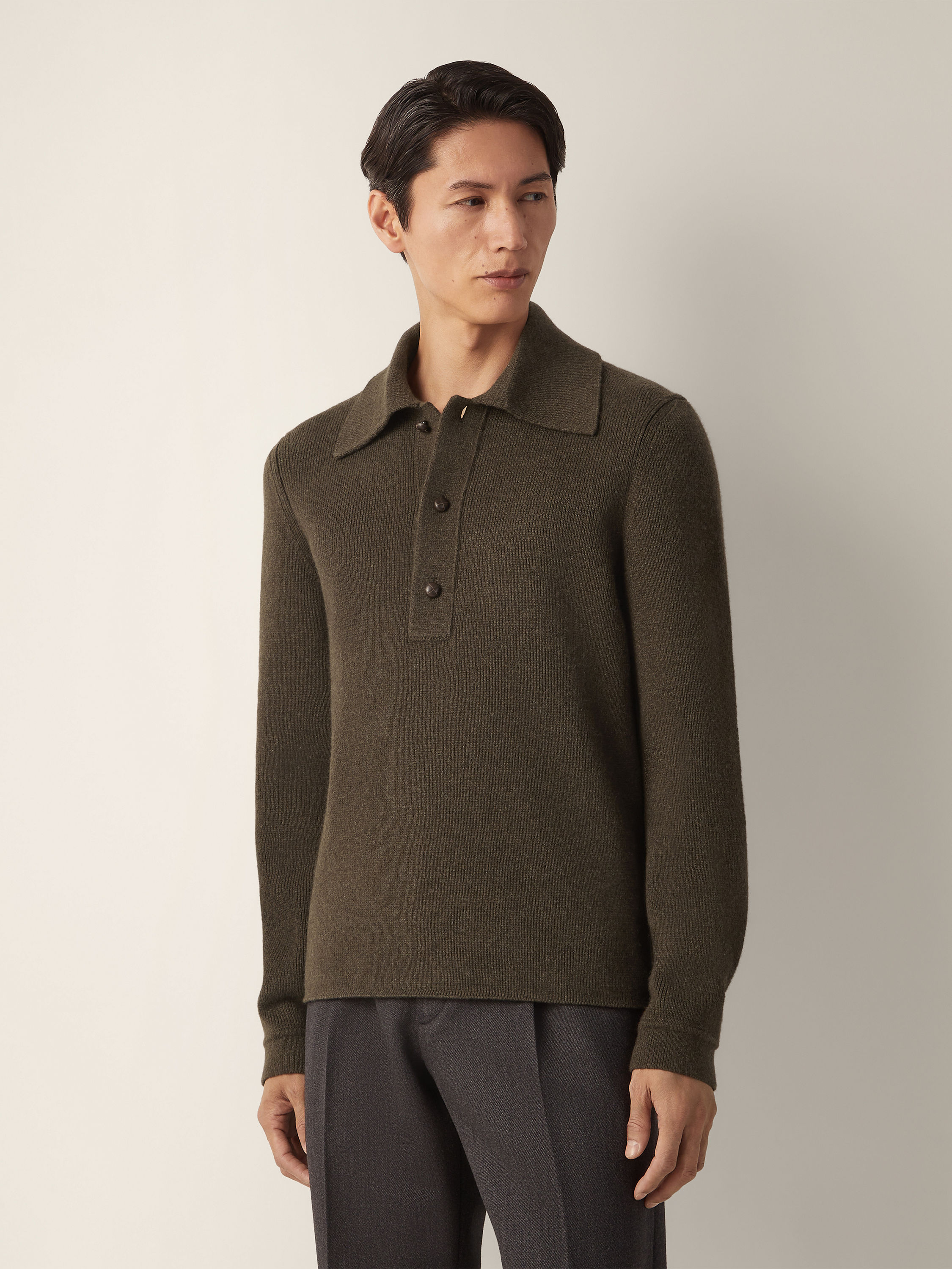 Dark Olive Green Mélange Oasi Cashmere Polo Shirt Product detail photo #3