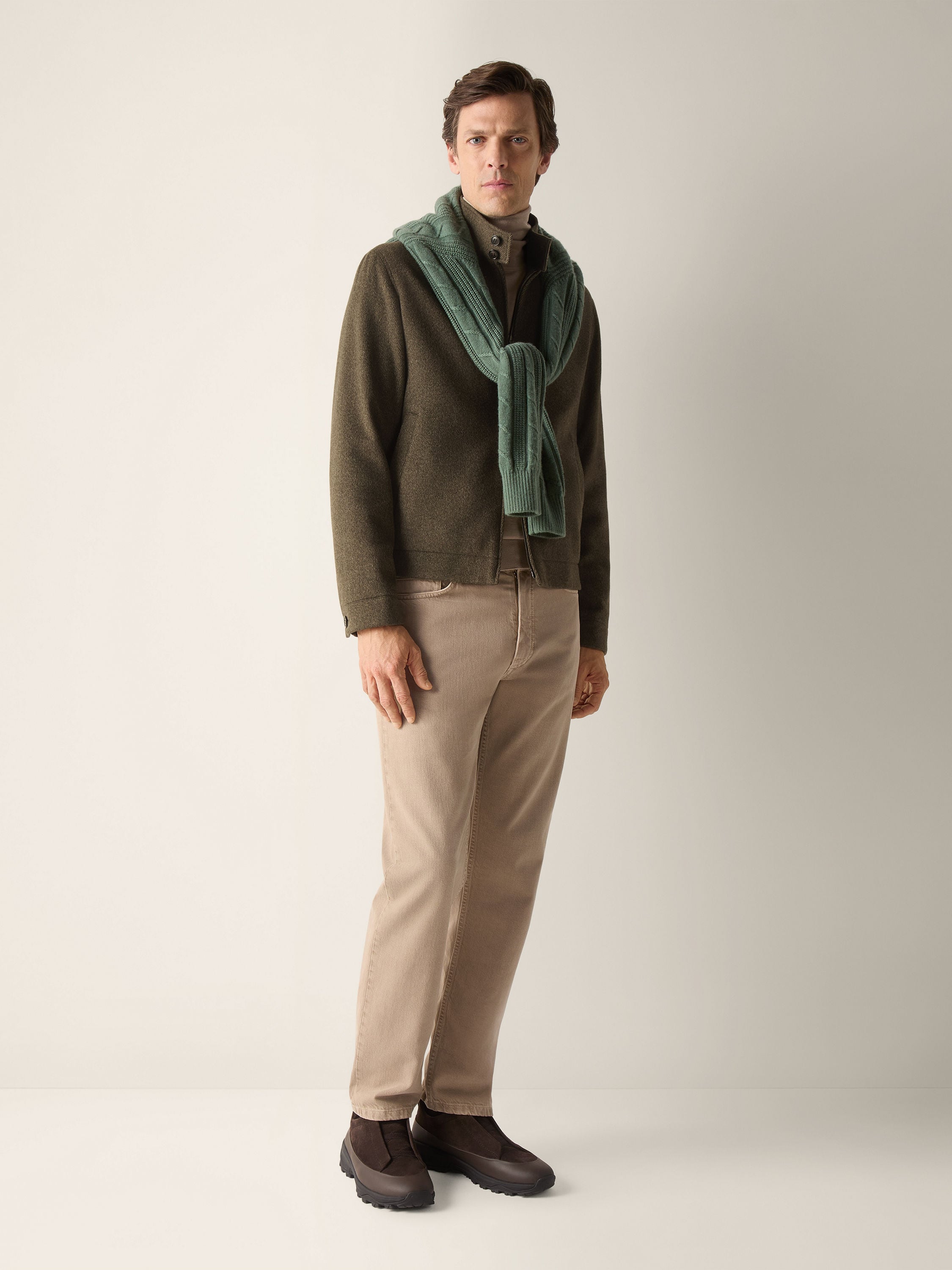Dark Olive Green Mélange Wool and Cashmere Blouson Product detail photo #1