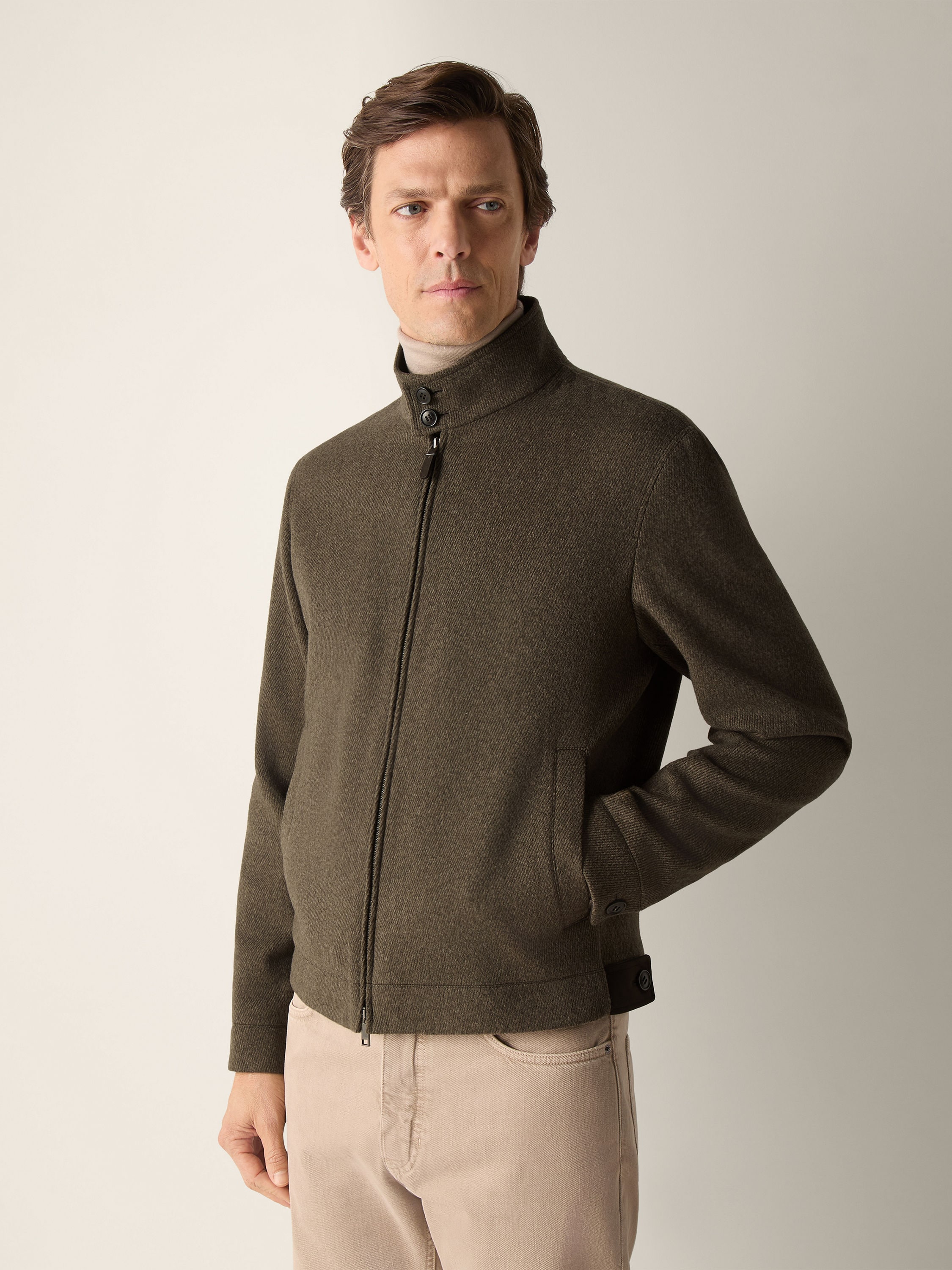 Dark Olive Green Mélange Wool and Cashmere Blouson Product detail photo #3