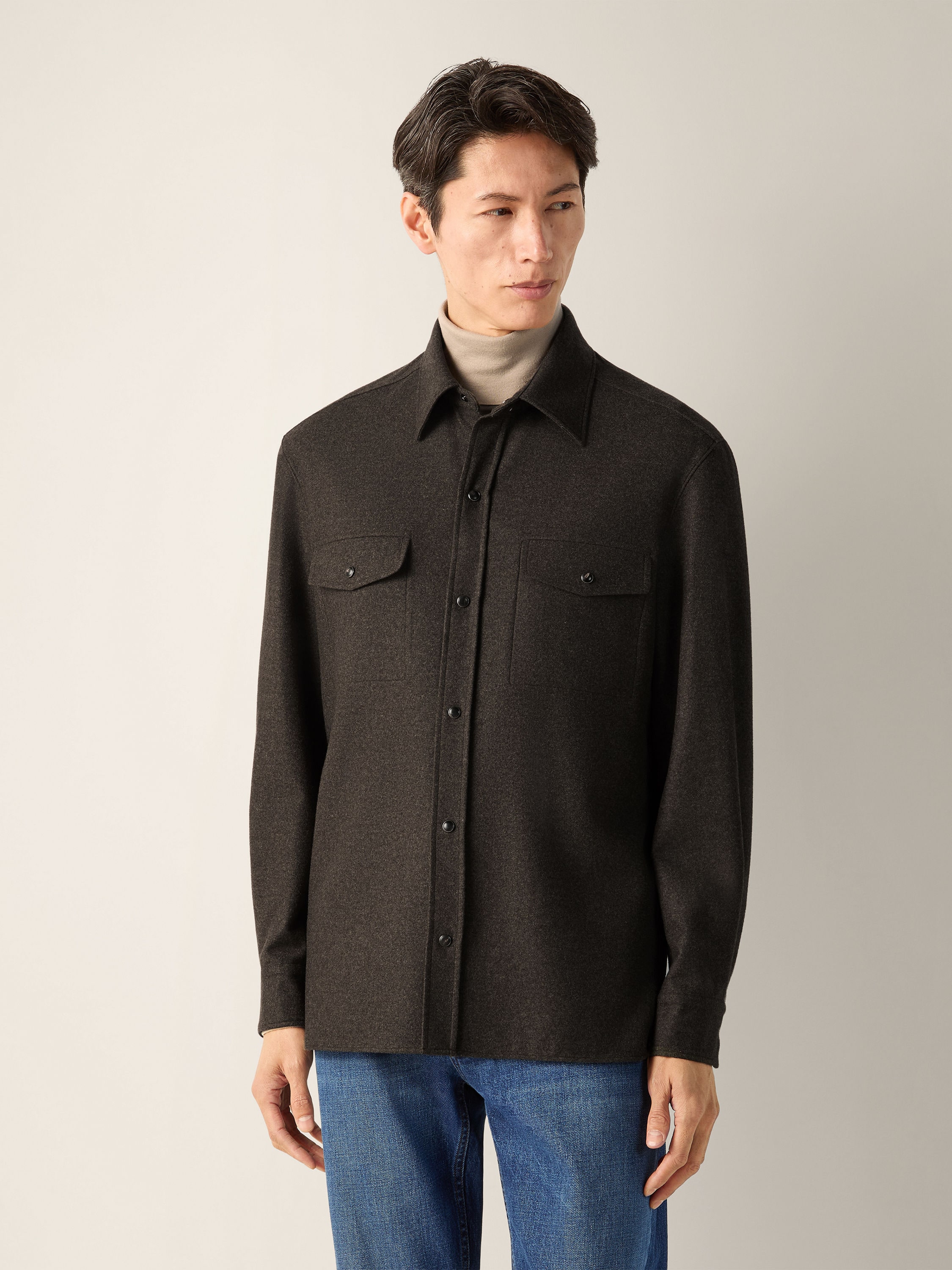Dark Olive Green Multimélange Oasi Cashmere Overshirt Product detail photo #3