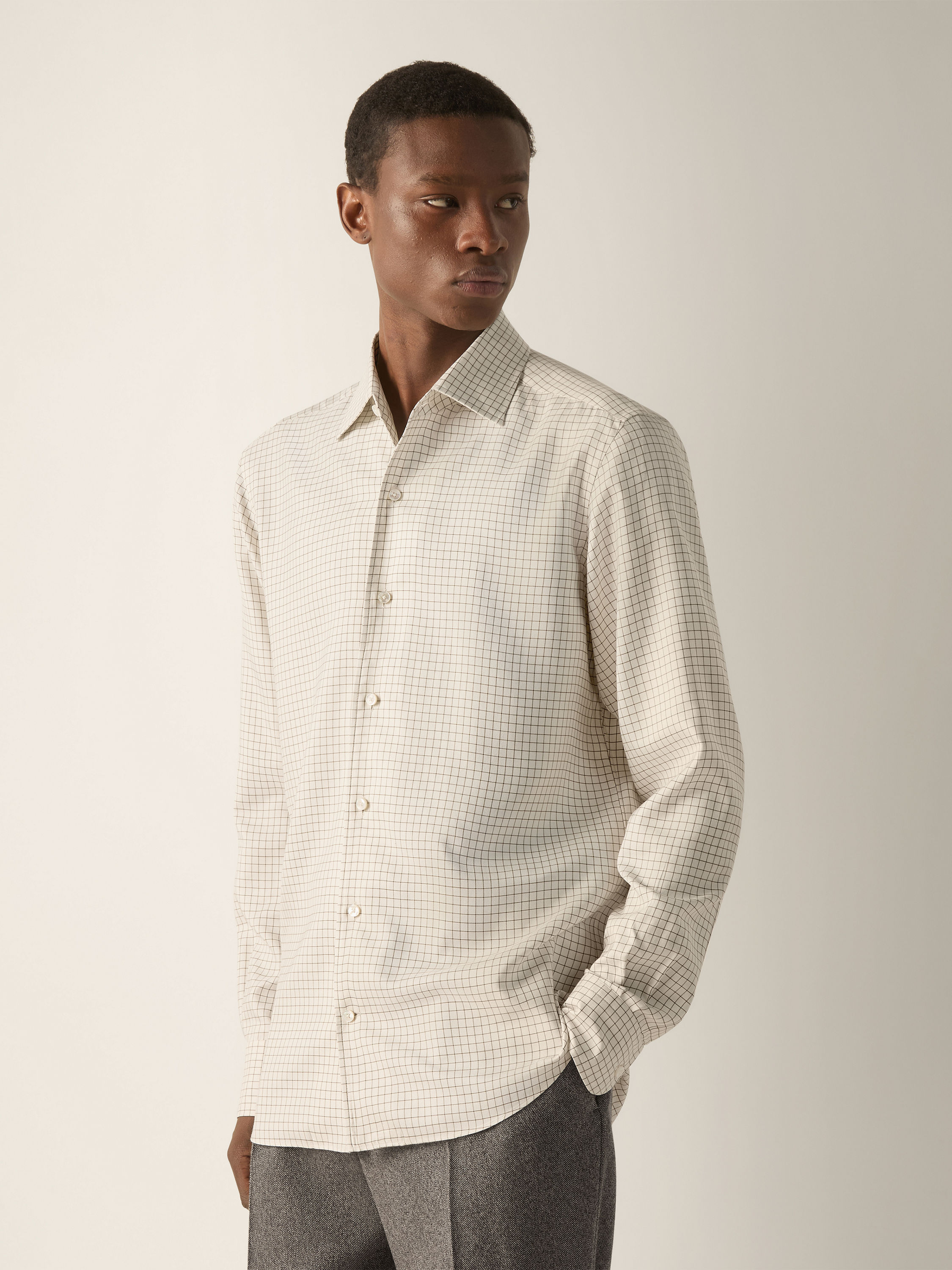 White and Dark Olive Green Silk Shirt Product detail photo #3