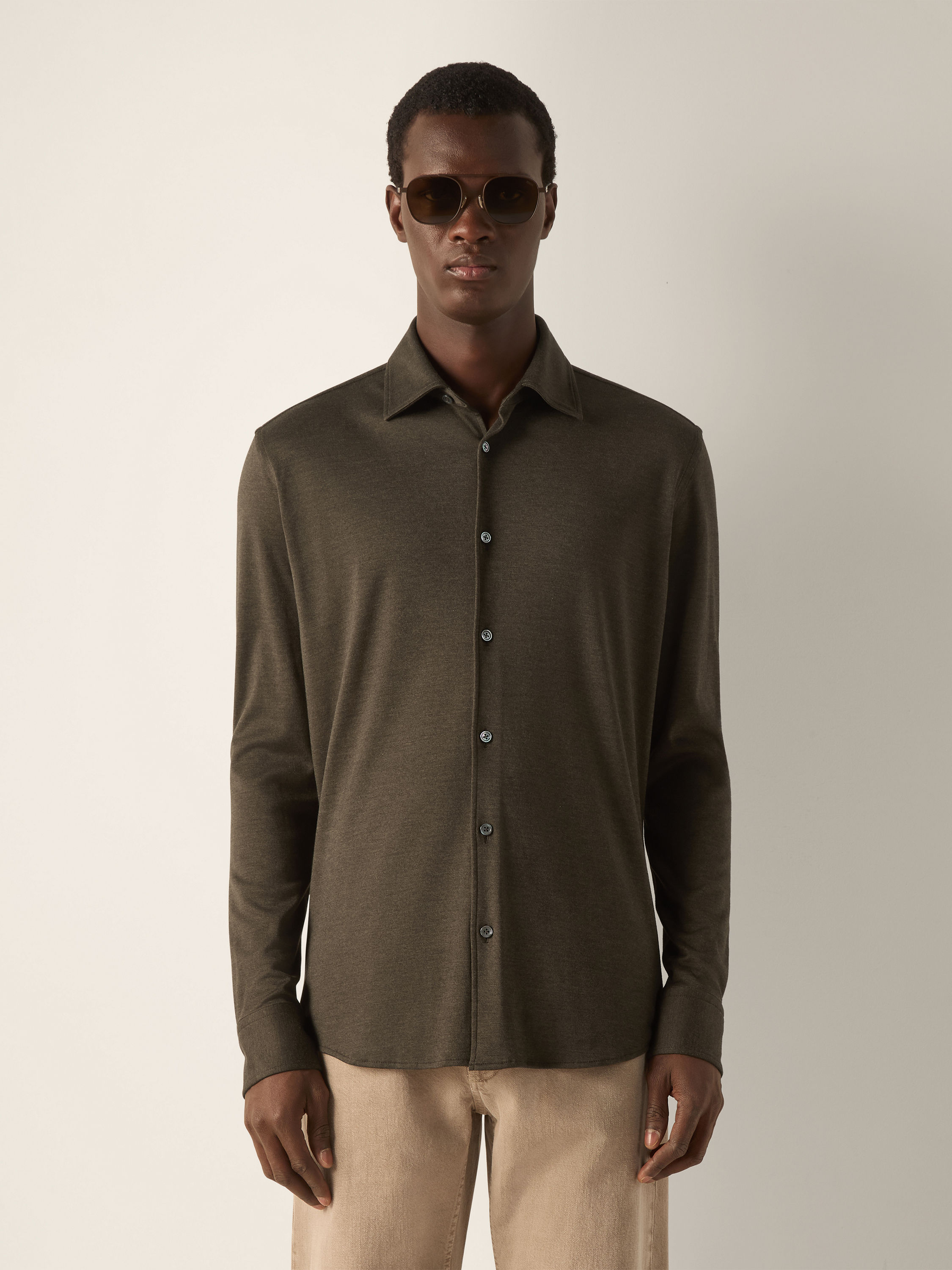 Dark Olive Green Cashmere and Silk Shirt Product detail photo #2