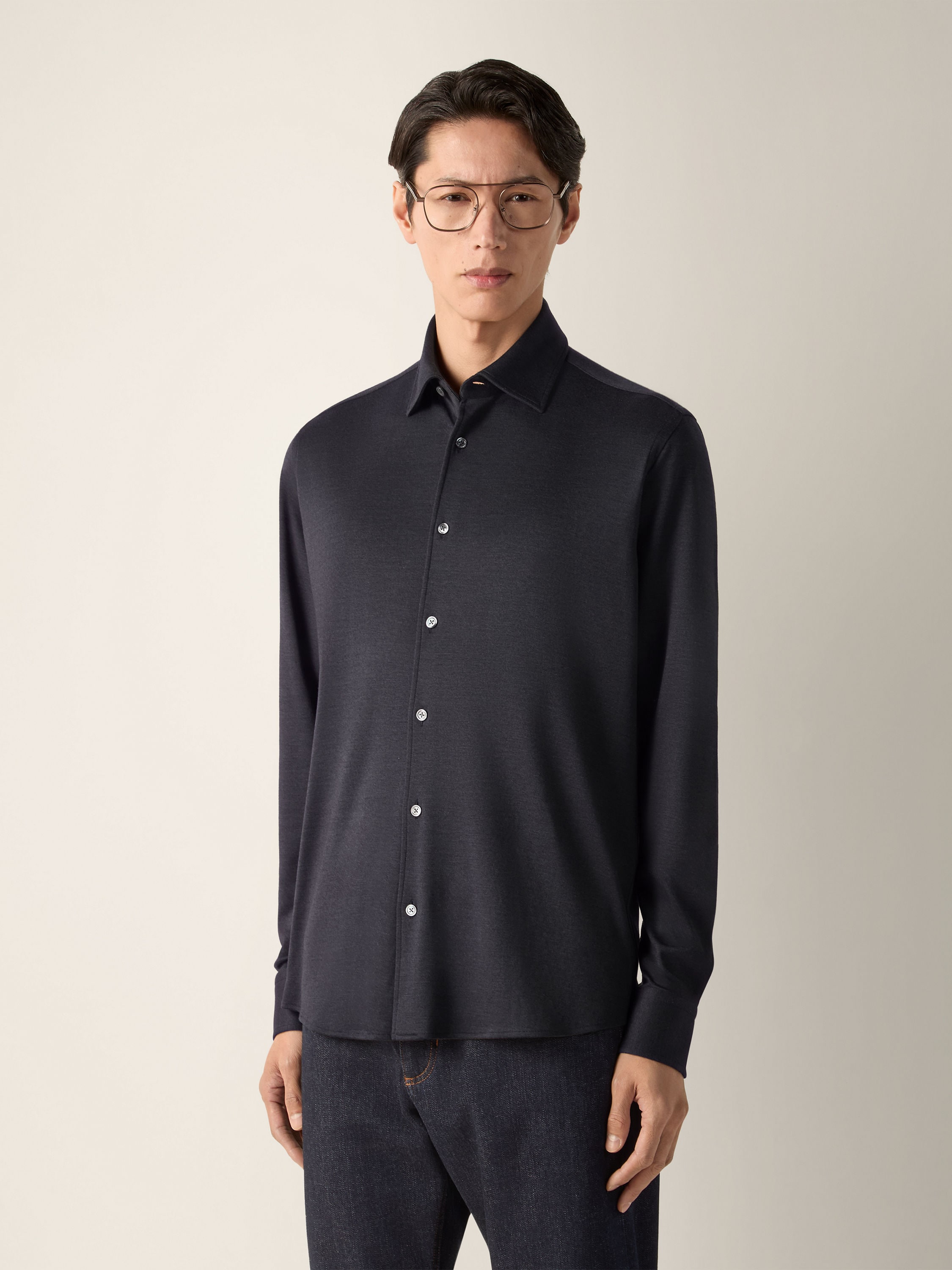 Navy Blue Cashmere and Silk Shirt Product detail photo #2
